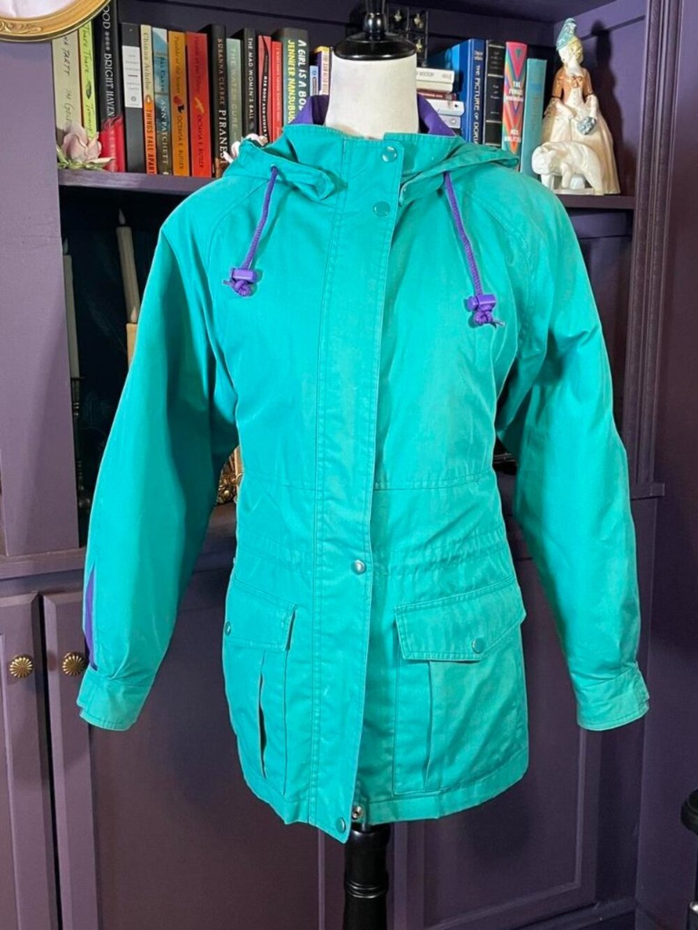 1990's Teal Winter Coat with Purple Plaid Lining
